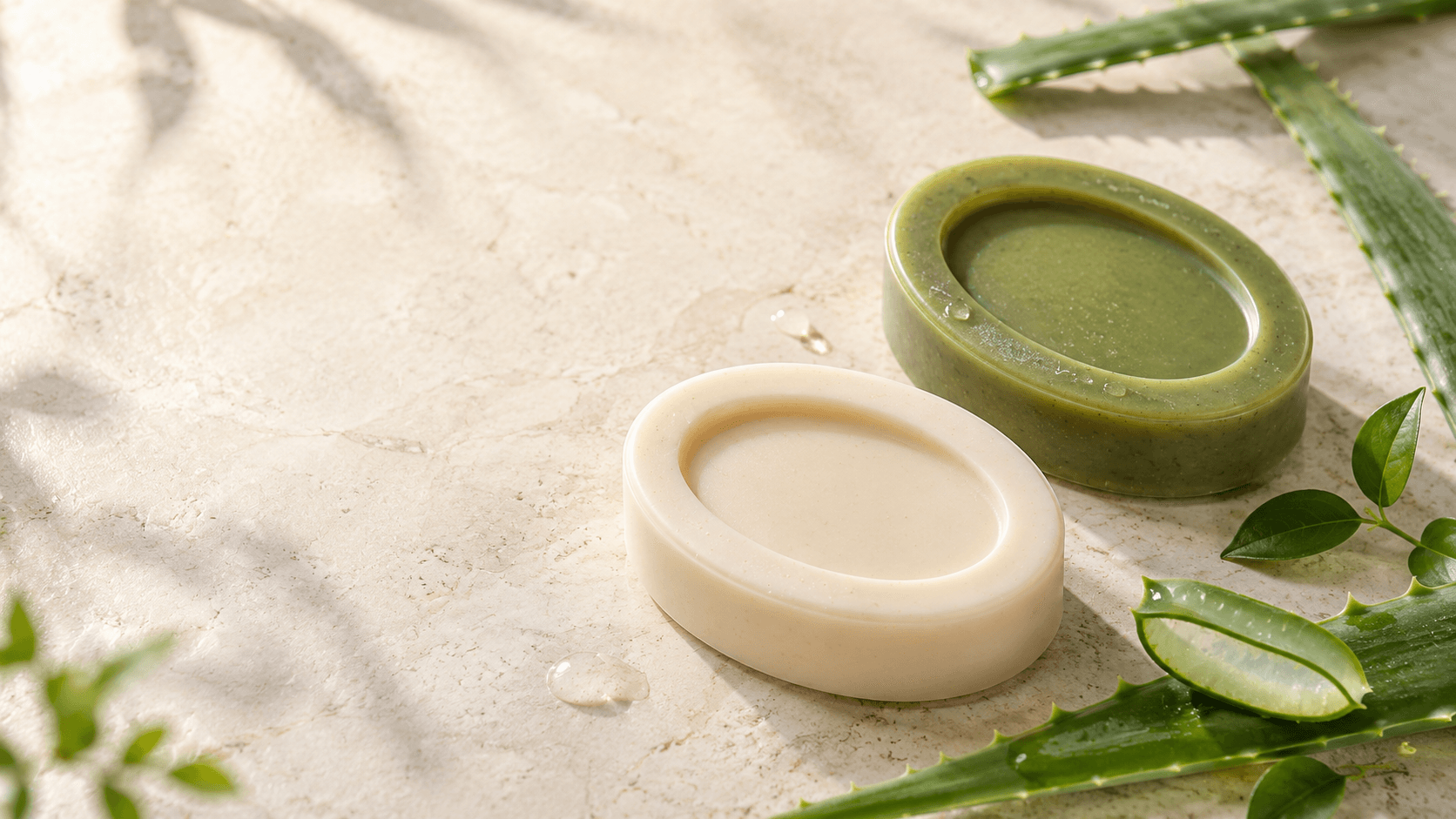 Green aloe bar and cream bar on pale limestone with cut aloe leaves