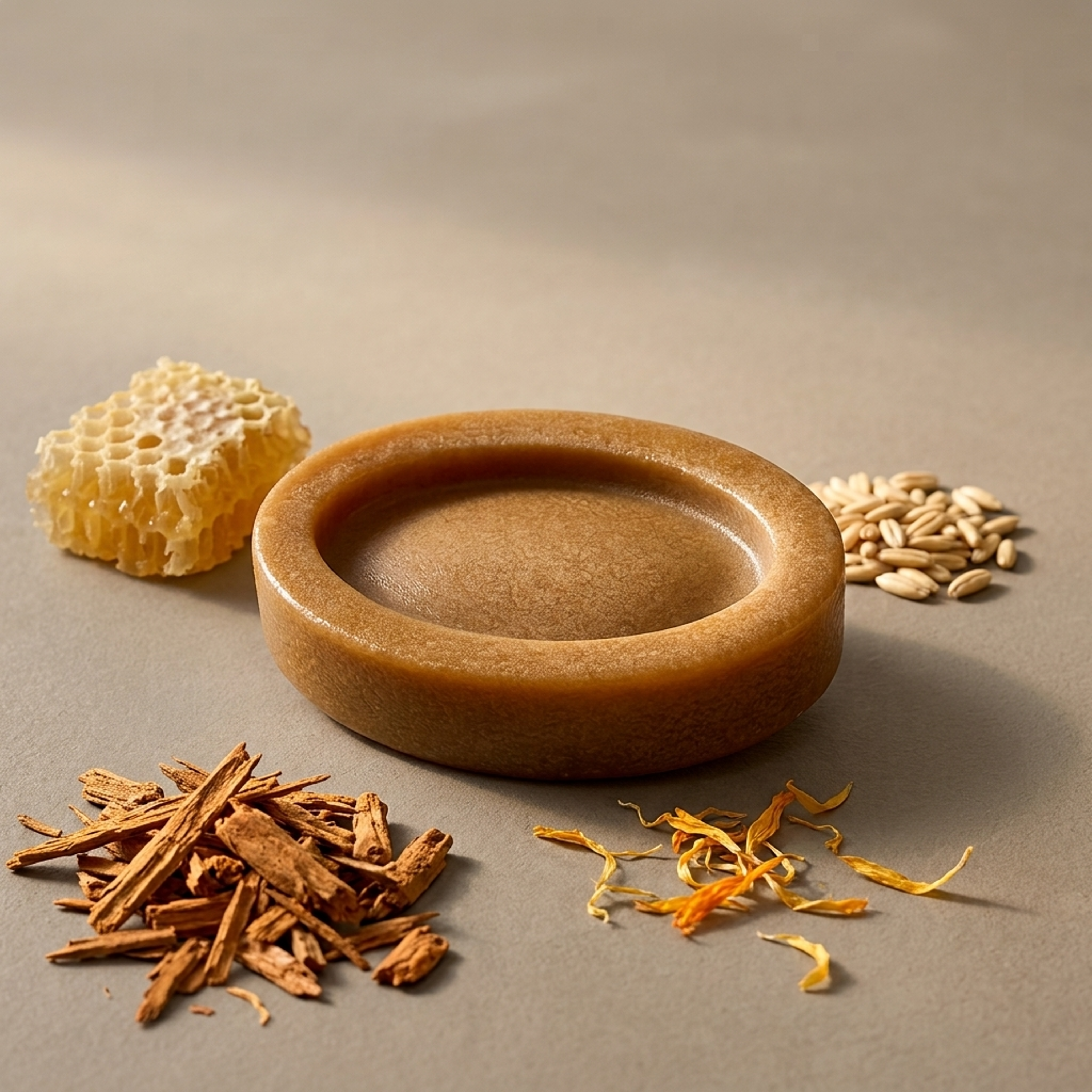 Amber honey and oat bar with honeycomb, oat grains, sandalwood chips and marigold petals