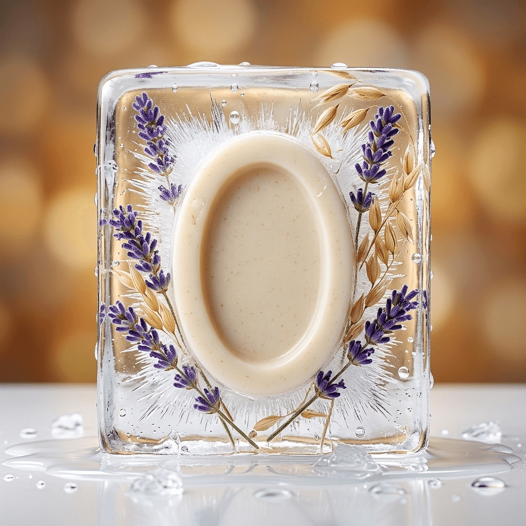 Cream lavender bar suspended in clear ice with lavender sprigs and oat stalks