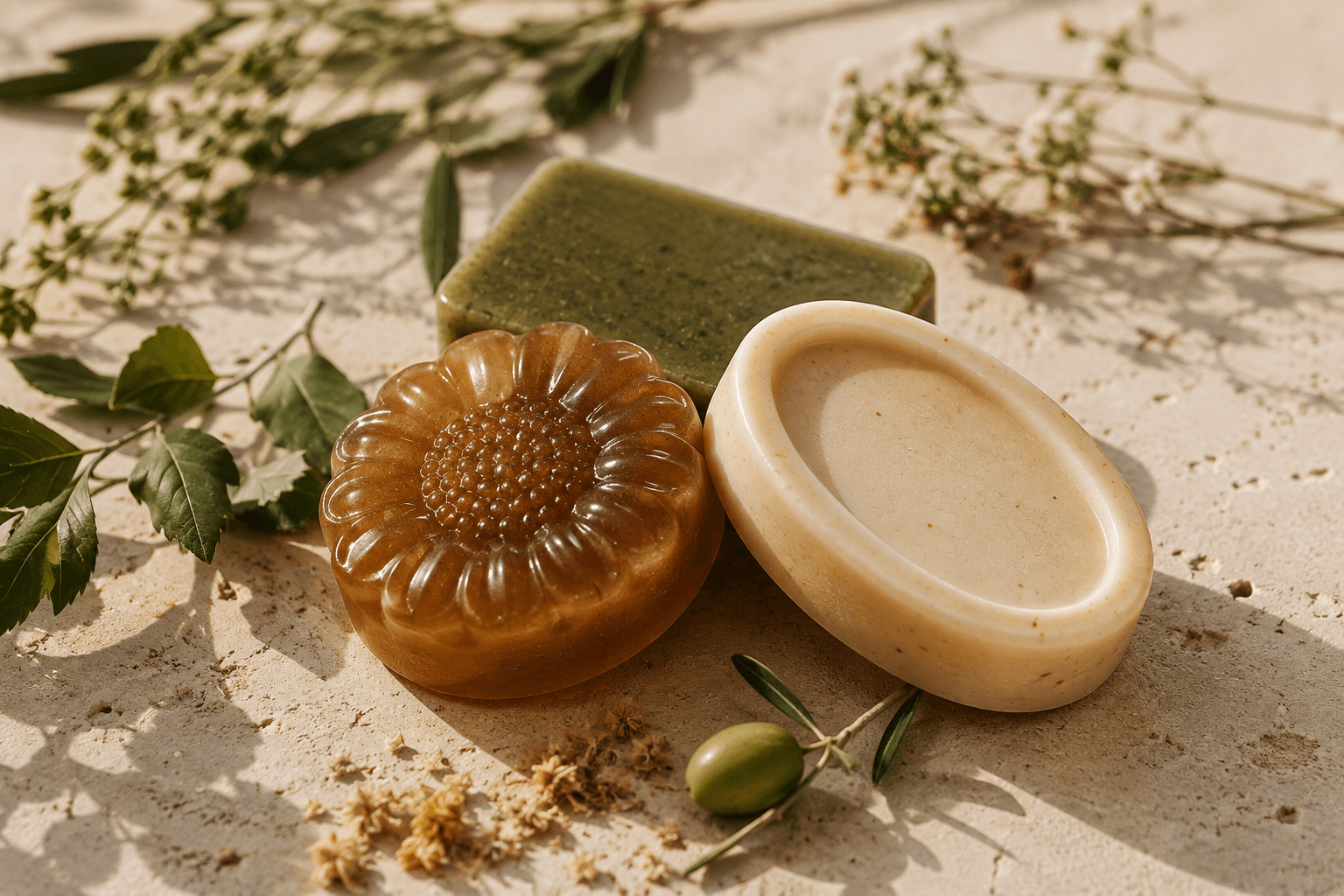 Amber sandalwood bar moulded as a flower beside olive and cream bars on limestone