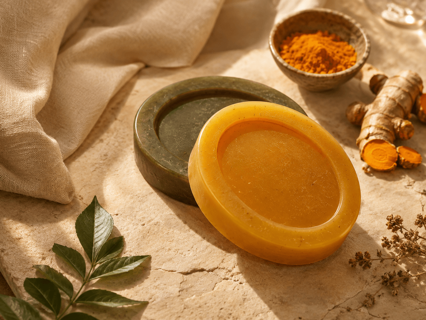 Golden turmeric and saffron bar beside turmeric root and ground turmeric