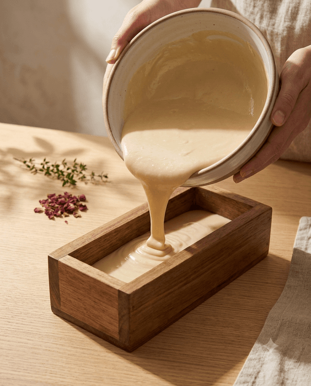 Soap mixture being poured into a wooden mold