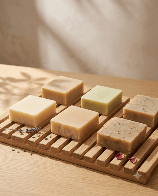 Handmade soap bars curing on a wooden rack