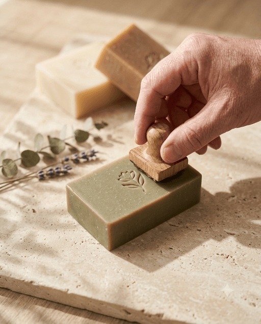A handmade soap bar being stamped