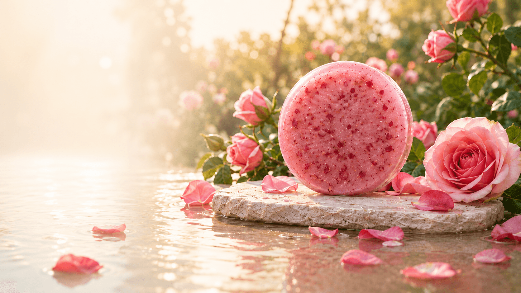 Rose cold-processed soap bar surrounded by fresh pink roses and water ripples