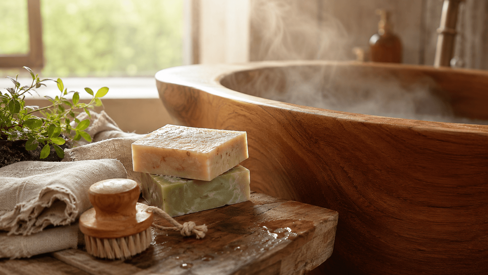 Two bars on a wooden ledge beside a steaming carved bathtub