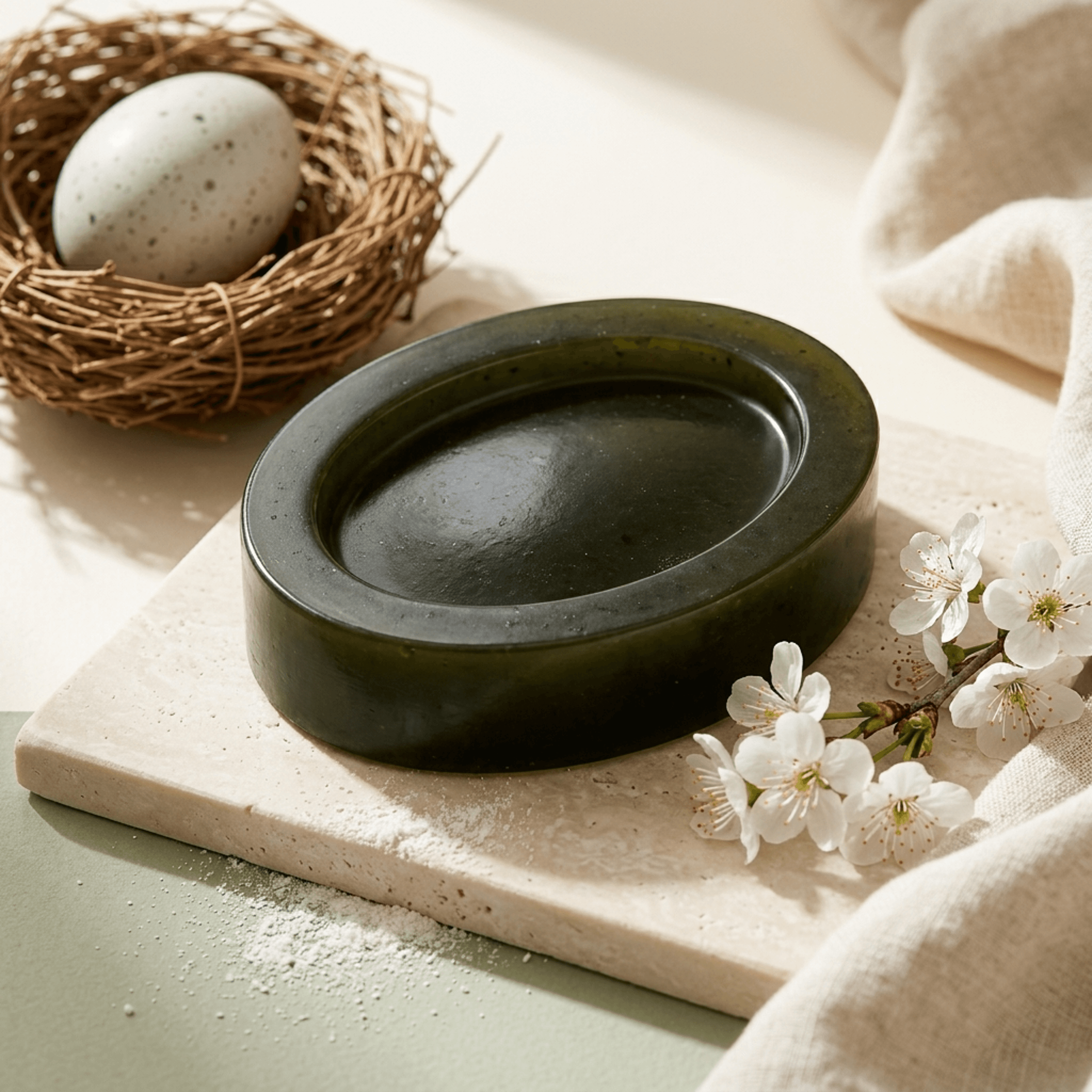 Deep green neem and tulsi bar resting on a travertine tile beside cherry blossom
