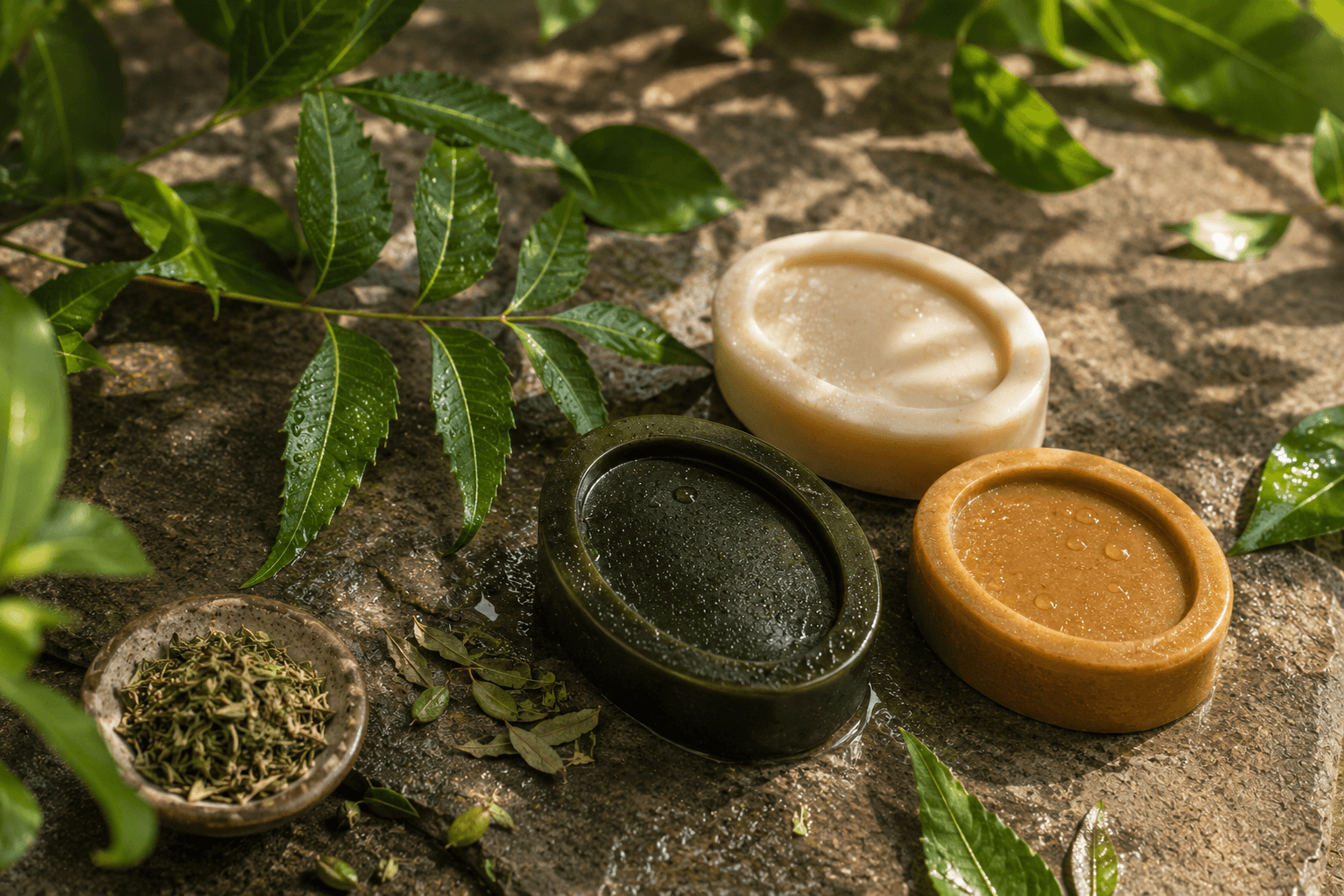 Neem and tulsi bar with companion bars and fresh leaves on wet river stone