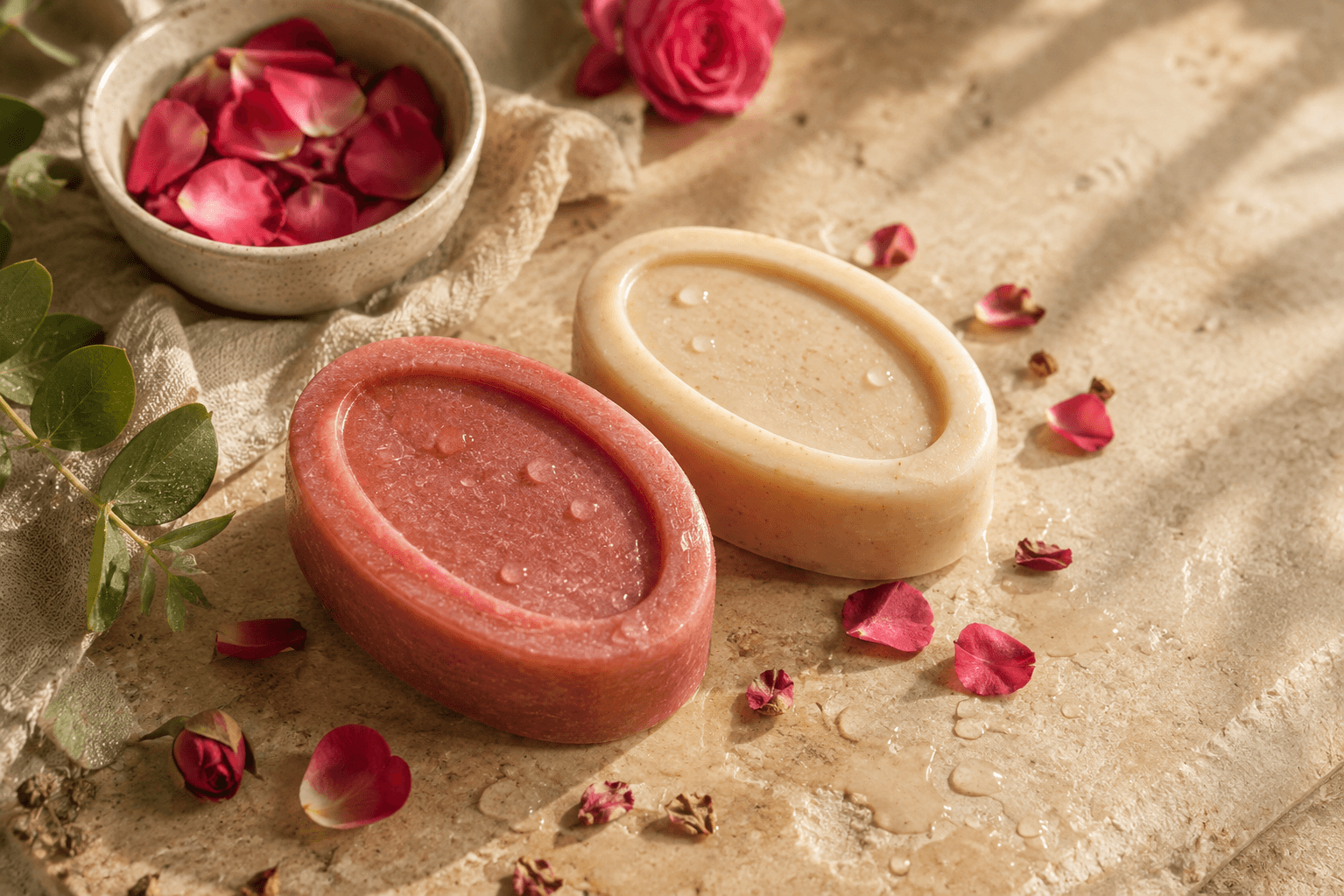 Rose bar and cream bar among scattered fresh damask rose petals