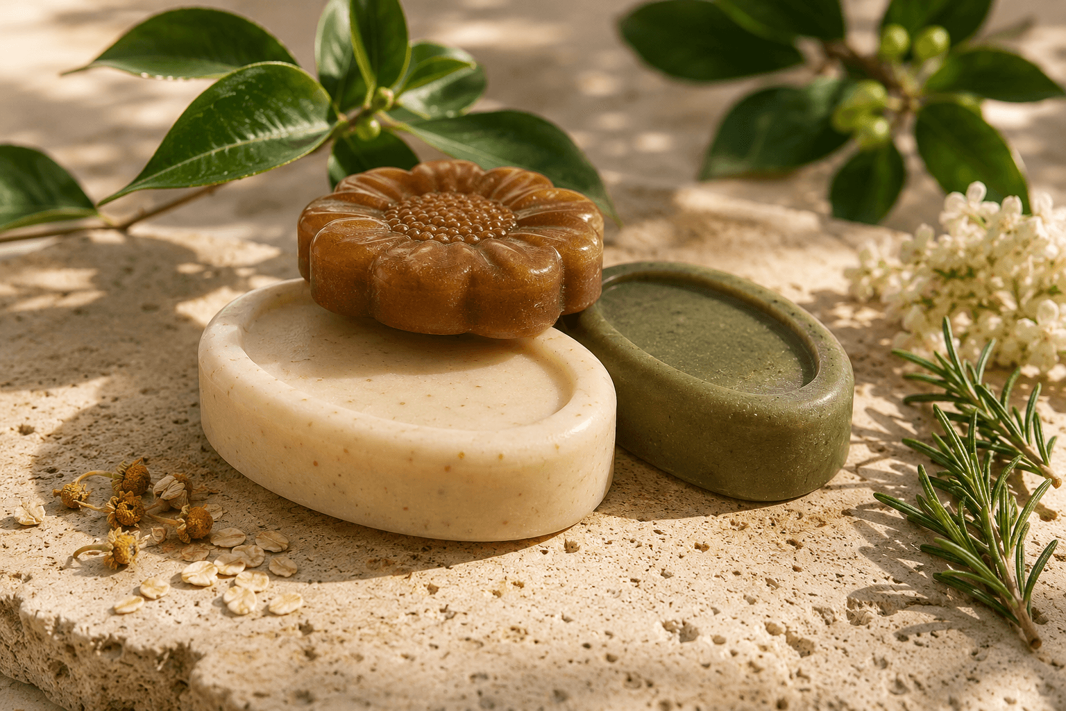 Sunflower-moulded turmeric soap bar with companion cured bars on travertine stone