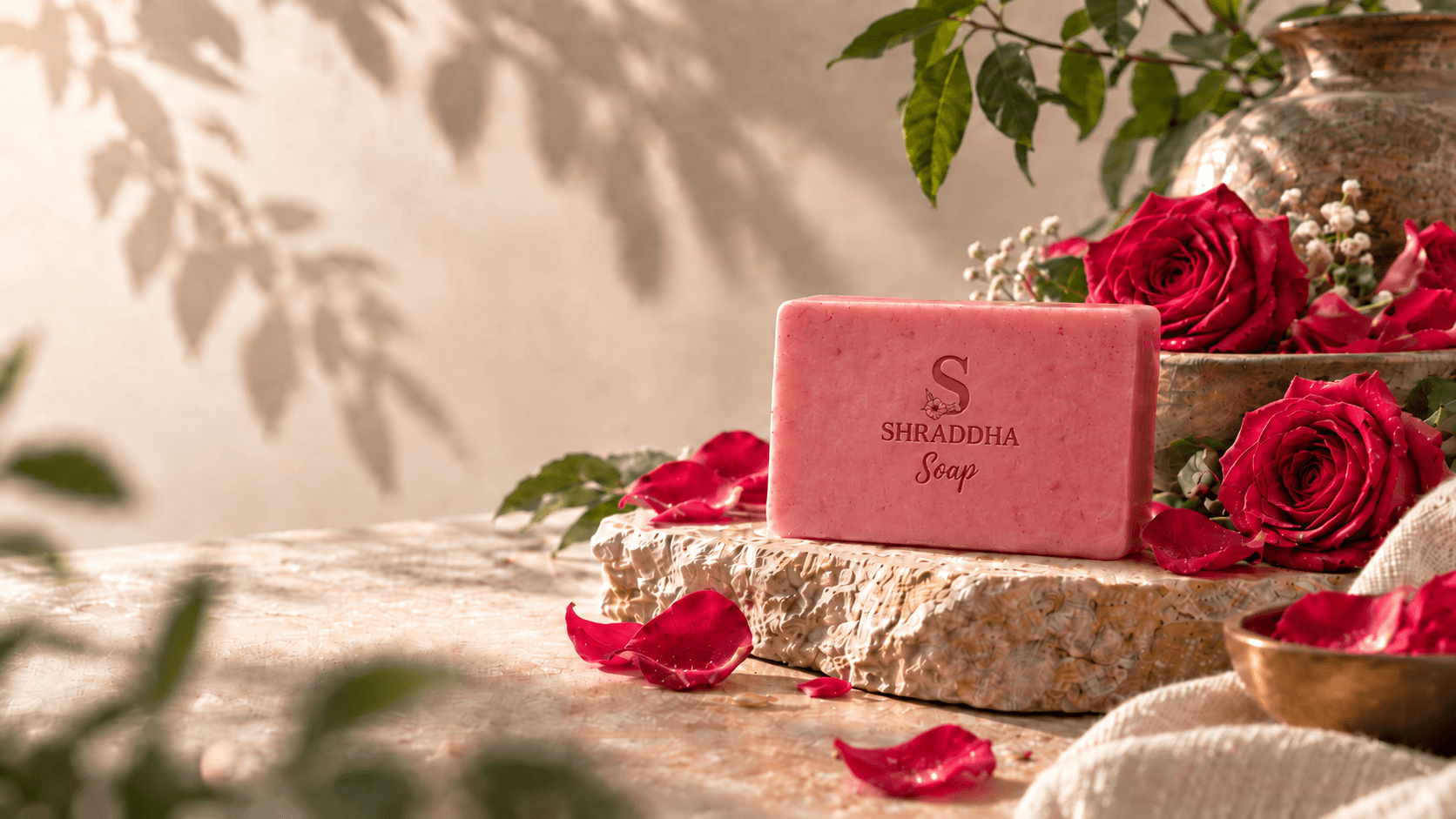 Rose cold-processed soap bar surrounded by fresh pink roses and water ripples