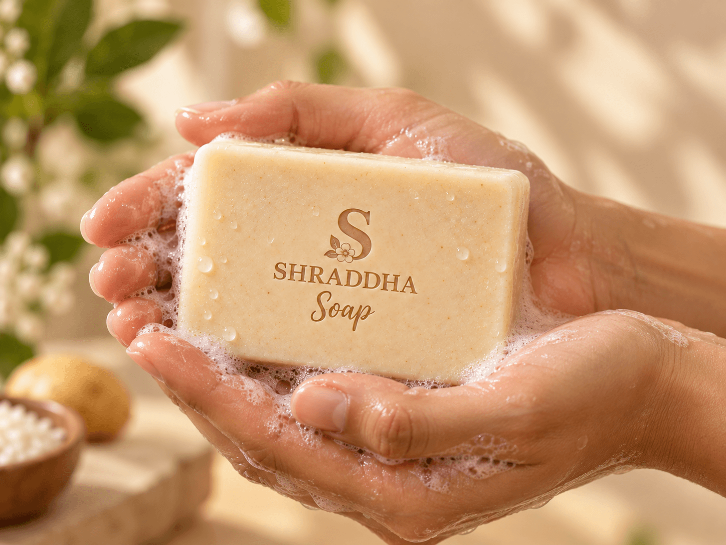 Two hands working a cream soap bar into a rich botanical lather