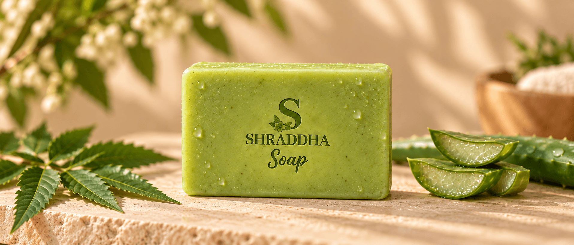 Two cured soap bars beside a steaming carved wooden bathtub