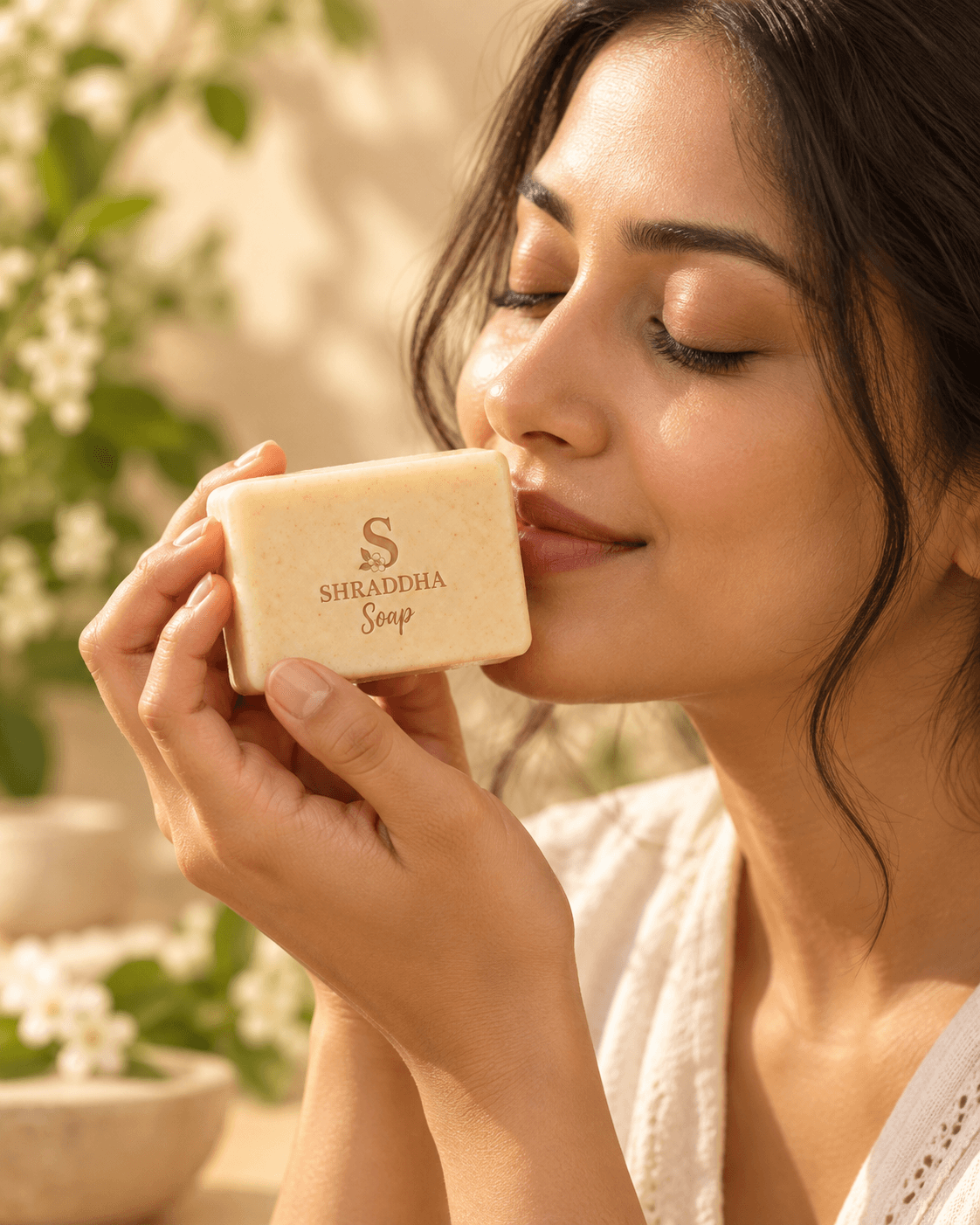 A person holding a cured cream bar close to her face, eyes closed