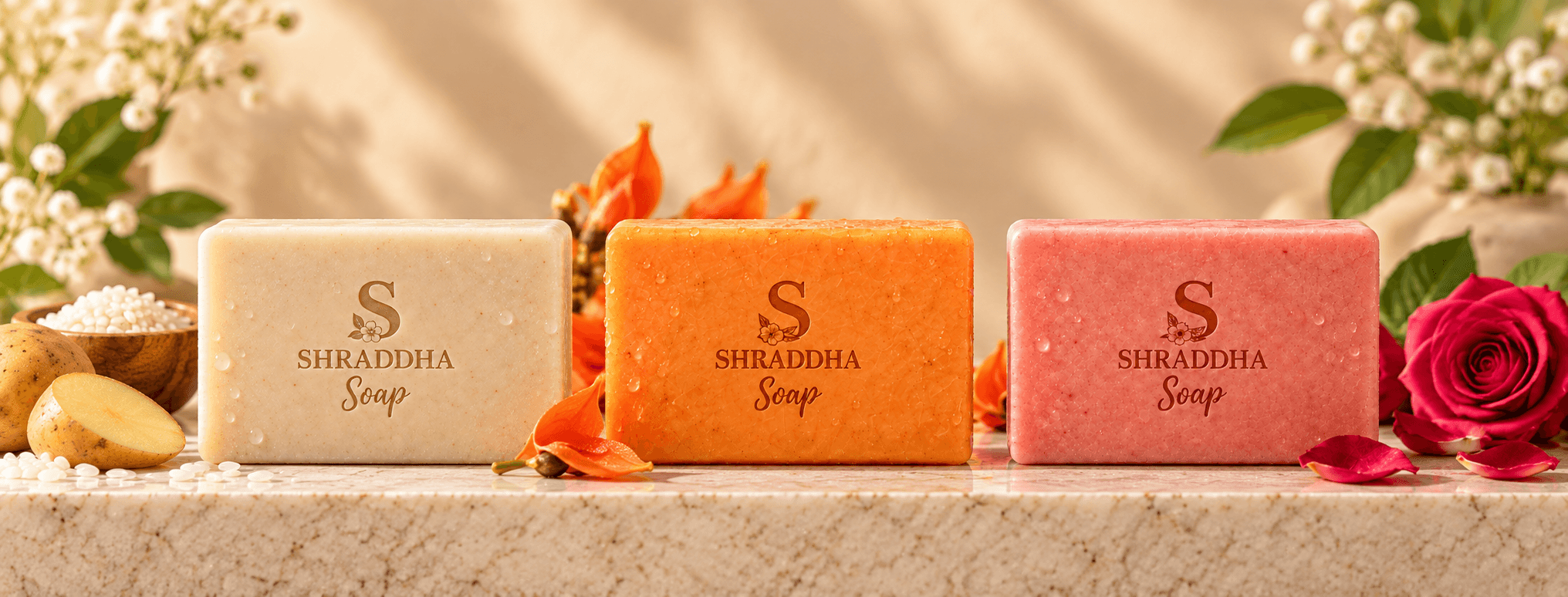 Cured Shraddha soap bars arranged on travertine plinths against warm plaster